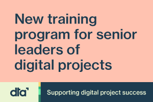 Text on a pink background, the text says new training program for senior leaders of digital projects