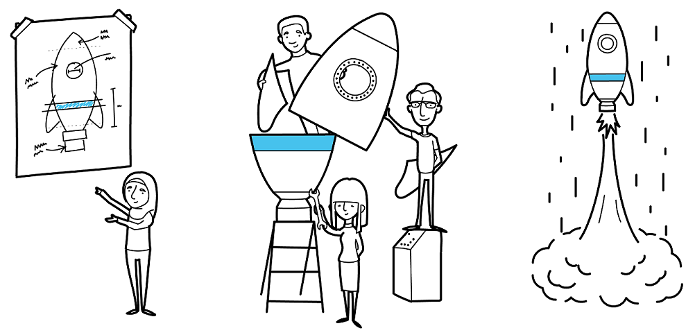 decorative illustration showing people planning, building and flying a rocket.