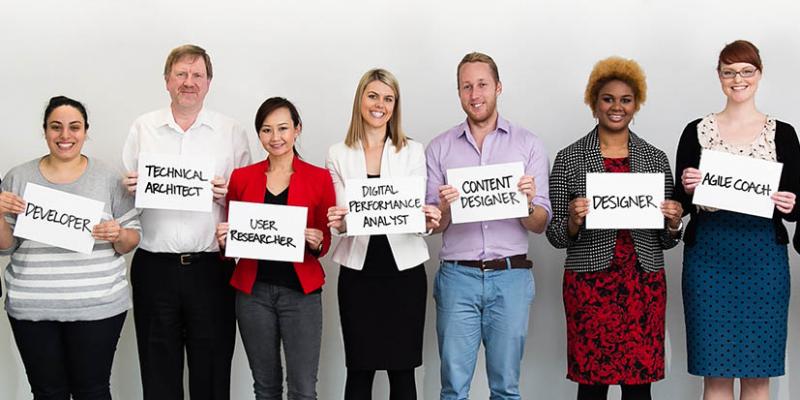 DTA staff standing in a row holding up signs with their roles written on them.